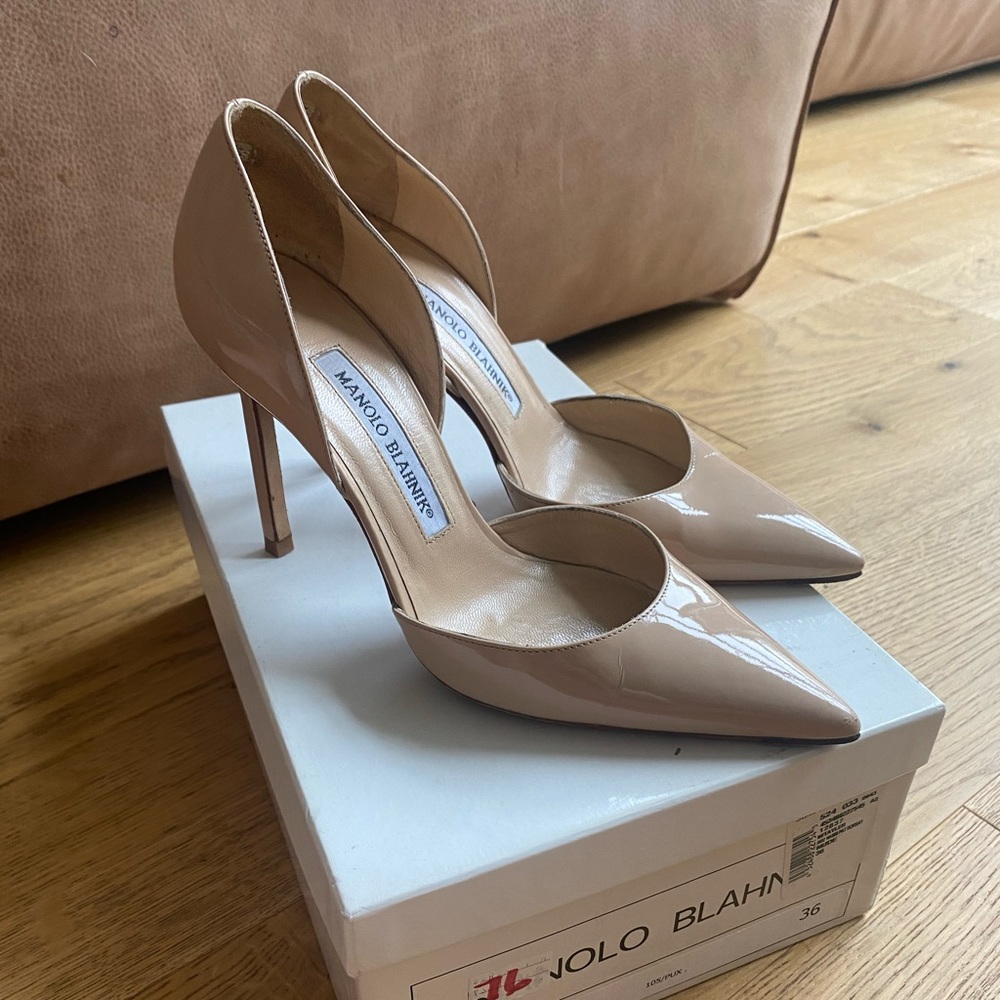 Manolo Blahnik Tayler Patent Pointed d'Orsay, Nude